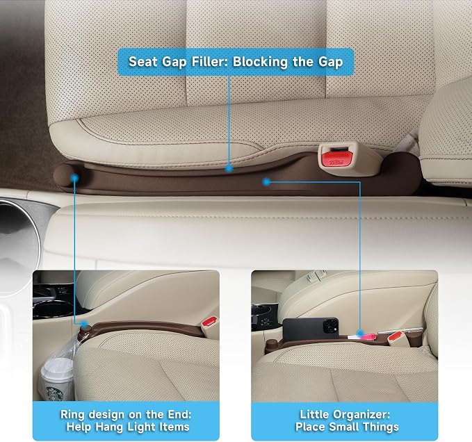 Car Seat Gap Filler Set of 2, 3IN1 Seat Side Gap Filler Plug with Storage Slot & Hook Function, Soft Foam Universal Fit Car SUV Truck Fill Gap Between Seats Console Organizer（Dark Brown）