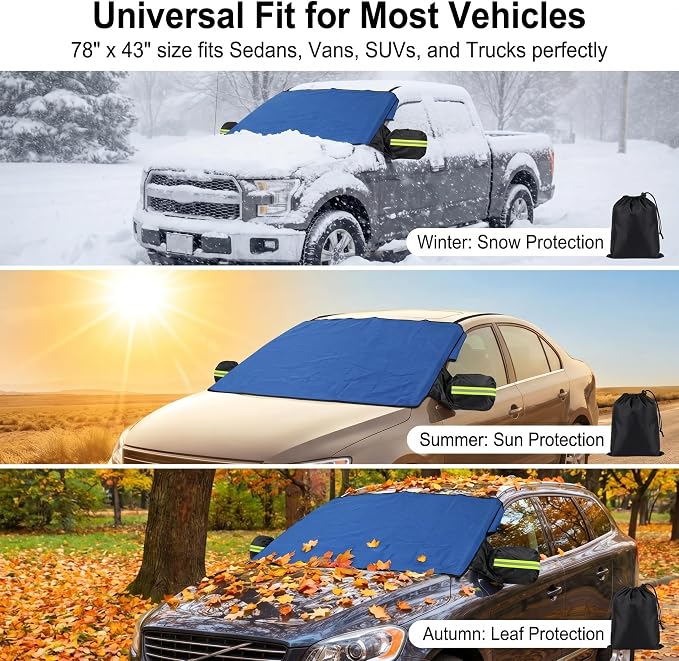 Windshield Cover for Pickup Trucks SUVs Sedans, Heavy Duty Waterproof All-Season Snow Ice Sun Protector, Universal Car Windshield Guard with Anti-Theft Side Flaps, Heat Shield, Blue