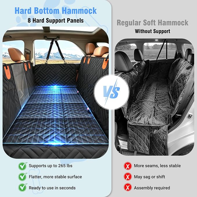 Megadream Dog Car Seat Cover Hard Bottom Back Seat Extender for Dogs 260LBS | Waterproof Scratch Resistant Rear Seat Pet Hammock with Mesh Window, Universal Fit for Sedan SUV Pickup Truck