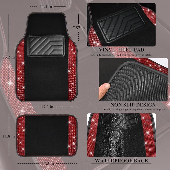 Bling Diamond Car Floor Mats, Shining Rhinestone Carpet Sparkly Glitter Crystal with Anti-Slip PVC Heel Pad Waterproof Universal Fit Automotive SUV,Sedan,Van,Cute Girl Women,4pcs Black Red