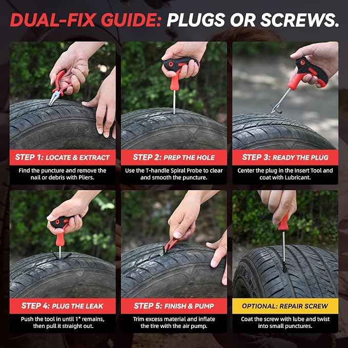 Flat Tire Repair Kit with Air Compressor, 150PSI Portable Air Pump with Auto-Stop & LED, Heavy Duty Tire Plug Kit for Car, SUV, Truck, Jeep, Motorcycle, Roadside Emergency Assistance（Red)