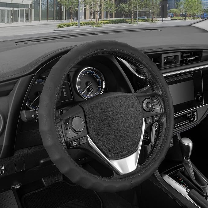 Genuine Black Leather Steering Wheel Cover for Car, Small (13.5" - 14.5") – Ergonomic Comfort Grip for Men & Women, Car Steering Wheel Cover for Vehicles with Small Steering Wheels