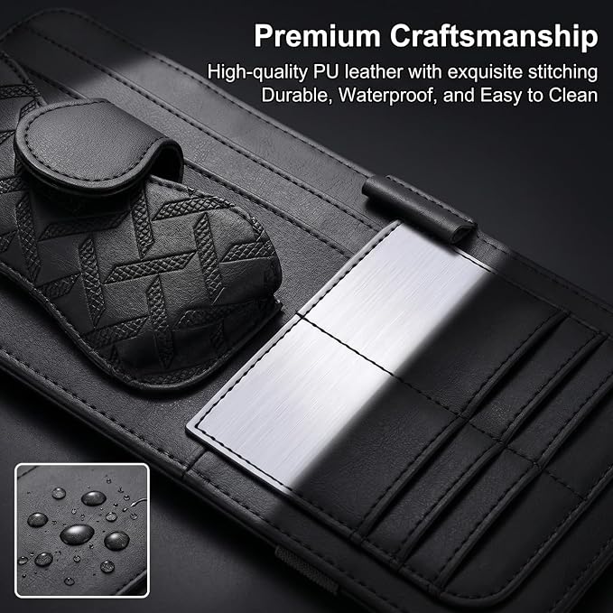Car Sun Visor Organizer, Multi-Pocket Visor Storage Pouch for Sunglasses, Cards, Pens, Document, Waterproof Leather Auto Interior Organization Accessories, Universal for Most Cars (Black)