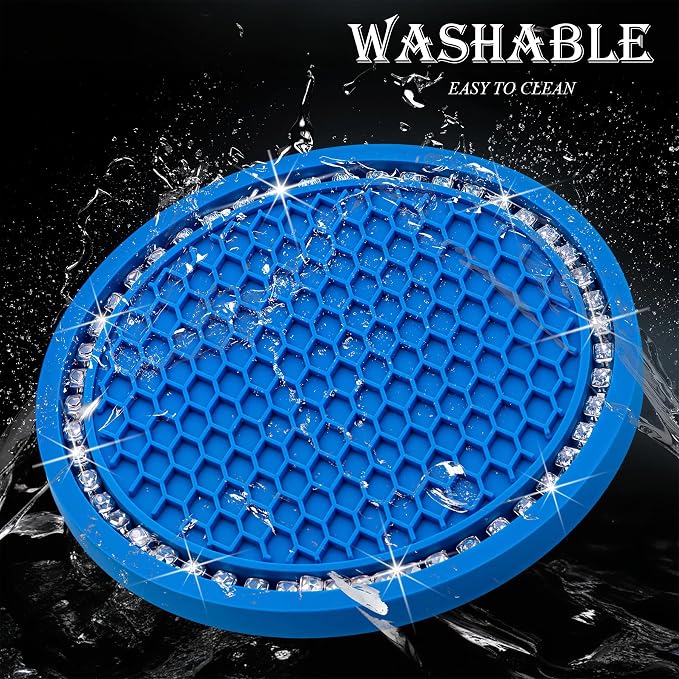 2PCS Bling Cup Holder Coaster, 2.75 Inch Auto Car Cup Holder Insert Coasters, Soft Silicone Anti-Slip Shockproof, Universal Vehicle Interior Accessories for Women Girls (Emerald Blue & White)