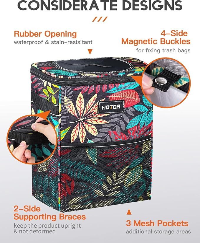 Car Trash Can with Lid and Storage Pockets - 100% Leak-Proof Organizer, Waterproof Garbage Can, Multipurpose Trash Bin for Car, 2 Gallons, Autumn Leaves