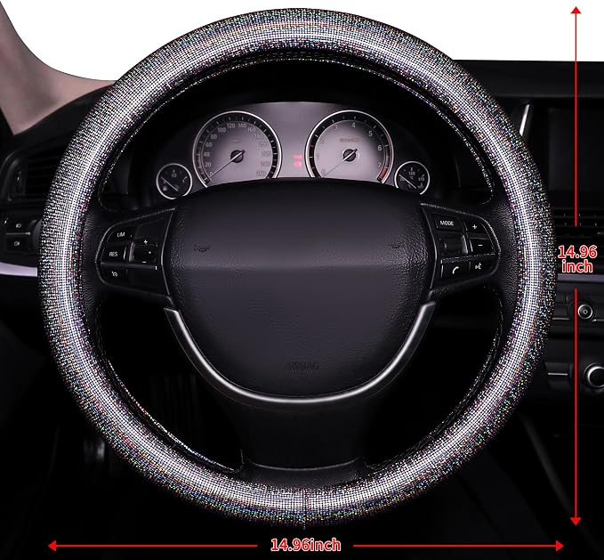 Bling Steering Wheel Cover, Bling Crystal Rhinestone Car Steering Cover Universal 14.2-15.3 inch Glitter Car Wheel Cover Sparkling Accessories （Black Silver）