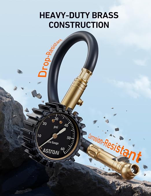 Tire Pressure Gauge for Cars with Large 2" Dial, Solid Brass with Rubber Hose, Air Bleeder Valve, ANSI B40.1, 0-60PSI