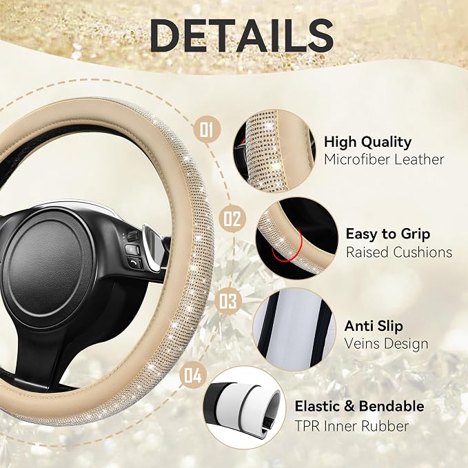 Bling Diamond Beige Leather Steering Wheel Cover, White Sparkly Crystal Glitter Rhinestones Universal Fit 14" 1/2-15" Car Wheel Protector for Women Girl Fit Suvs,Vans,Sedans,Trucks, Beige
