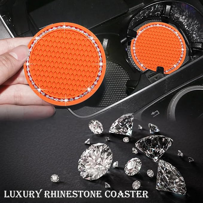 2PCS Bling Cup Holder Coaster, 2.75 Inch Auto Car Cup Holder Insert Coasters, Soft Silicone Anti-Slip Shockproof, Universal Vehicle Interior Accessories for Women Girls (Orange & White)