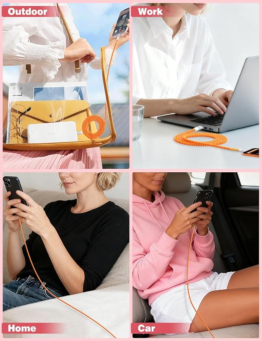 USB A to USB C Cable 6FT,Beaded Phone Charger Cord for iPhone 17 16 Pro Max 16e 15 Car Play,Type C Cute Car Charger Charging Cord for iPad 10 11/Samsung S26 S25 Ultra/Pixel/Android Girls Women,Orange