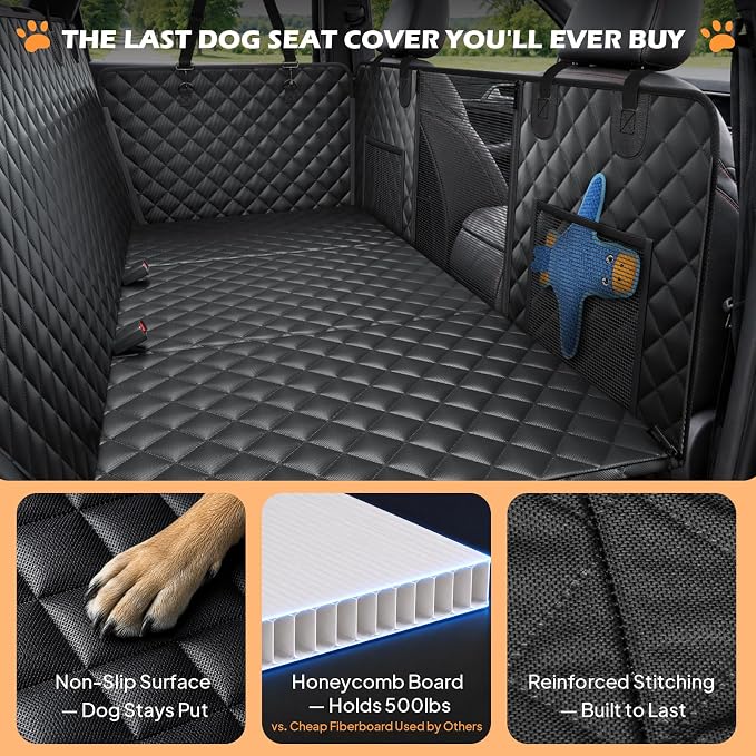 Waterproof Hard Bottom Back Seat Extender for Dogs XL, Truck SUV Cover | Honeycomb board holds 500lbs, non-slip dog hammock for truck SUV back seat. For large dogs, fits most trucks & full-size SUV
