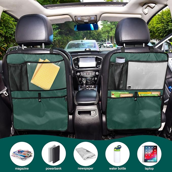 Hunter Green Car Seat Organizer for Kids Backseat Kick Mat with Adjustable Strap Back of Seat Protector for SUV Vehicle Car 2 Pcs