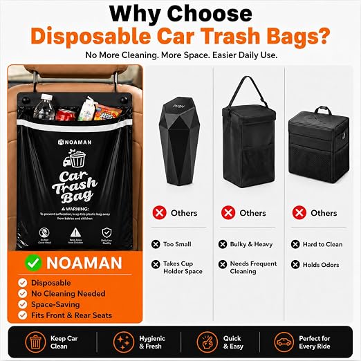 50PCS 1 Pack Car Trash Bags, 2.5 Gal Disposable Garbage Bags for Car, SUV, Truck and RV, Leak-Resistant Odor-Control Bags, Stick-On or Headrest Mount, Alternative to Car Trash Can, Black