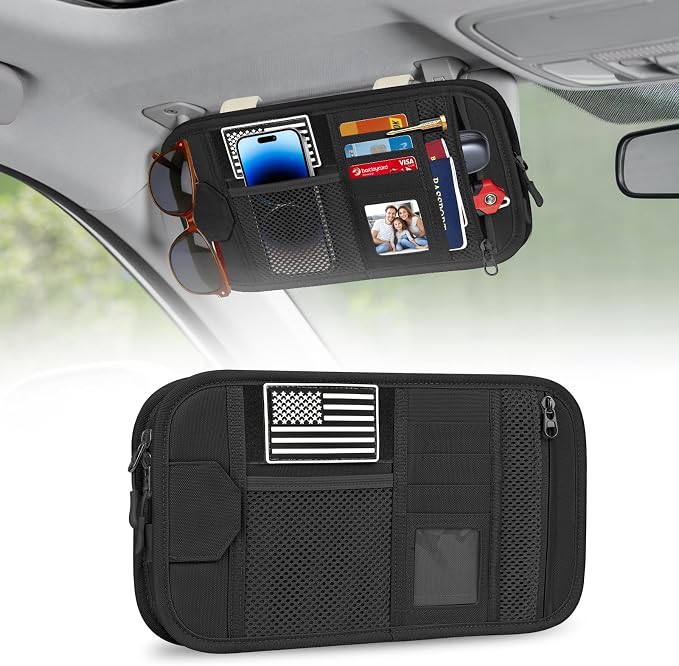 Car Sun Visor Organizer, Tactical Car Accessories with Zipper Storage Pouch, Glasses Clip Card Sleeve Pocket, Multi-Pocket Visor Organizer Fits Most Cars, SUVs, Trucks