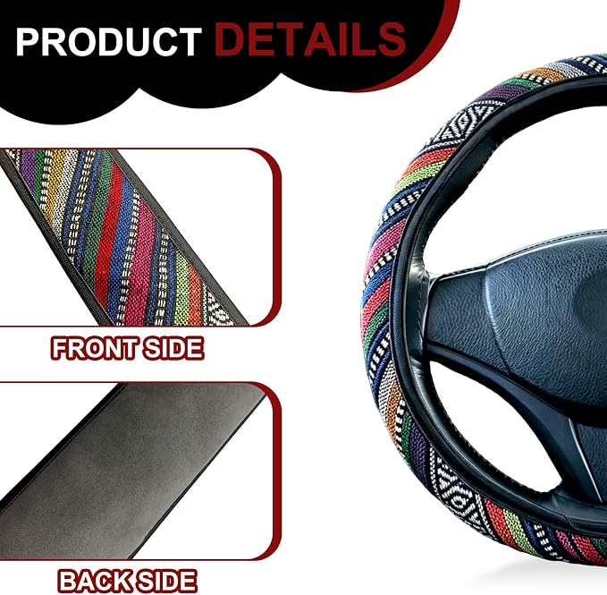 Boho Flax Cloth Steering Wheel Cover, Hippie Baja Blanket Anti-Slip Breathable Protector, Universal Fit 14.5-15 Inch for Cars SUV Van Truck, Women Car Interior Accessories (Style B)