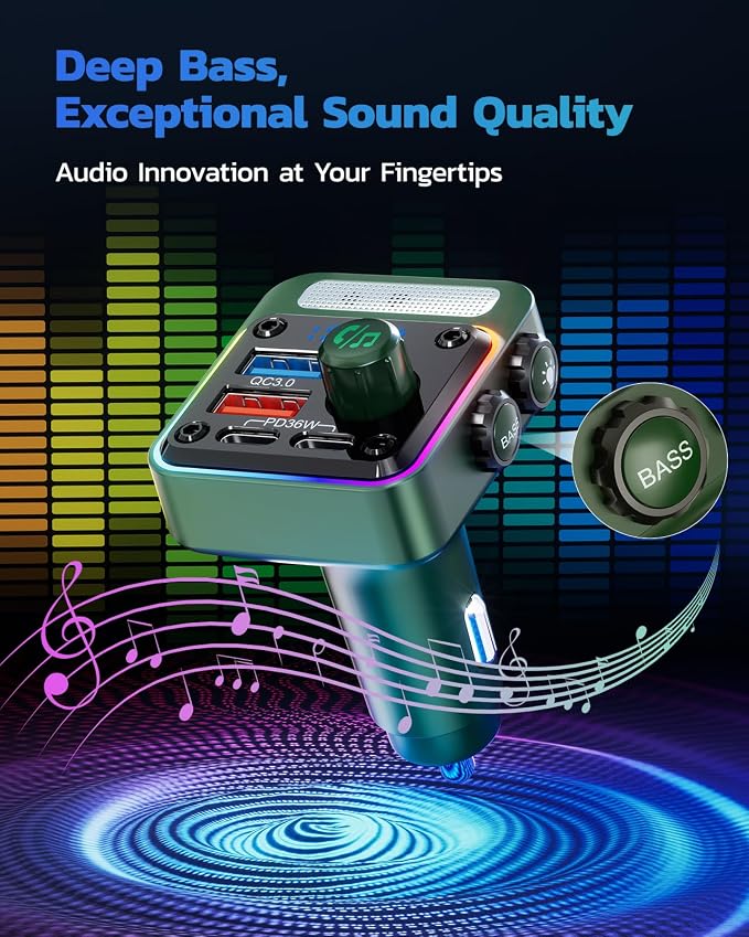 54W Bluetooth 5.3 Car Adapter with 4 Charging Ports [PD 36W & QC3.0 18W], Wireless Radio FM Transmitter with Deep Bass Player & 5 Colors LED Backlit, Hands-Free Calling - Green