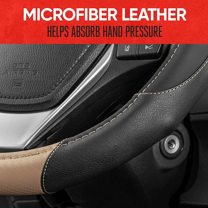 GripDrive Carbon Fiber Steering Wheel Cover, Non-Slip Sporty Racing Faux Leather Ergonomic Comfortable Handle, Steering Wheel Cover for Cars Trucks Vans SUV - Fits Standard 15 Inch - Beige