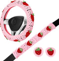 Crochet Steering Wheel Cover Set,Cute Car Steering Wheel Cover Boho 14-15in,Pink Strawberry Granny Square Pattern,Women Car Accessories (Wheel Cover Set)