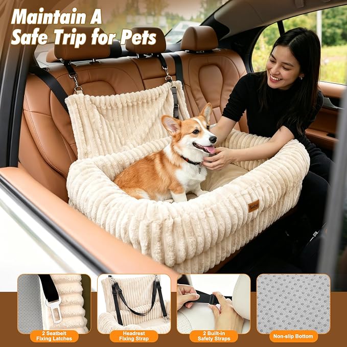 Dog Car Seat, Dog Booster Car Seats with Memory Foam, Thickened Cushion & Washable Removable Cover, Pet Travel Carseat Bed with Safety Leashes for Medium/Large Dogs or 2 Small Dogs, Beige