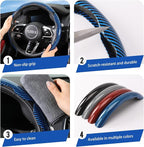 Universal Steering Wheel Cover,Carbon Fiber,3pcs Set(blue) | Clip-On Segmented Fit;Carbon Fiber Look;Fits Most 14-16 in Round or D-Shaped Wheels;Easy Wipe Clean;Non Slip;4 Colors