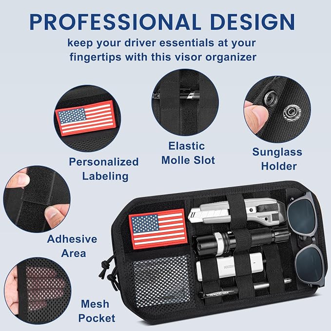 Car Sun Visor Organizer, Multi-Pocket Tactical Visor Storage with Zipper and Sunglasses Holder Clip, Semi-Rigid Molle Panel Car Visor Accessories for Truck, SUV, Patrols, Pickups
