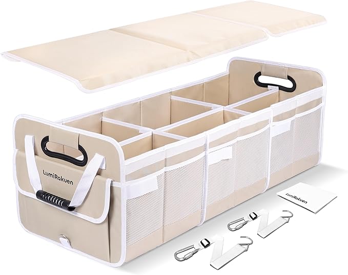 Car Trunk Organizer with Removable Lid for SUV (XL, Beige) | 1680D Wipe-Clean Fabric & 3.5mm PP Board. Collapsible Car Basket Features Dual Non-Slip Metal Hooks & 2x Adjustable Straps