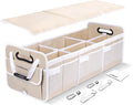 Car Trunk Organizer with Removable Lid for SUV (XL, Beige) | 1680D Wipe-Clean Fabric & 3.5mm PP Board. Collapsible Car Basket Features Dual Non-Slip Metal Hooks & 2x Adjustable Straps