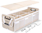 Car Trunk Organizer with Removable Lid for SUV (XL, Beige) | 1680D Wipe-Clean Fabric & 3.5mm PP Board. Collapsible Car Basket Features Dual Non-Slip Metal Hooks & 2x Adjustable Straps