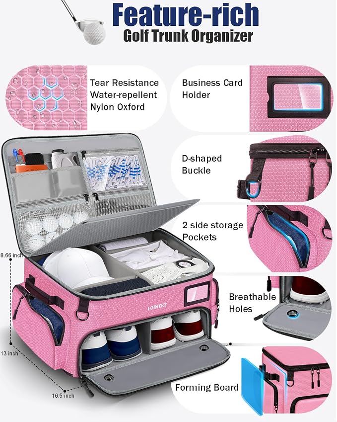 Golf Trunk Organizer, Waterproof Car Golf Locker with Separate Ventilated Compartment for 2 Pair Shoes, Golf Storage for Balls, Tees, Cap, Clothes, Gloves, Accessories, Gifts for Men, Women