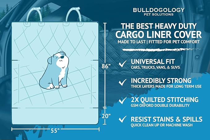 Bulldogology SUV Cargo Liner for Dogs 55"x106" Heavy Duty Pet Trunk Cargo Cover - Dog Car Seat Cover Waterproof Nonslip - Dog Hair, Muddy Paws, Scratches Protector for Cars Vans SUVs (X-Large, Grey)
