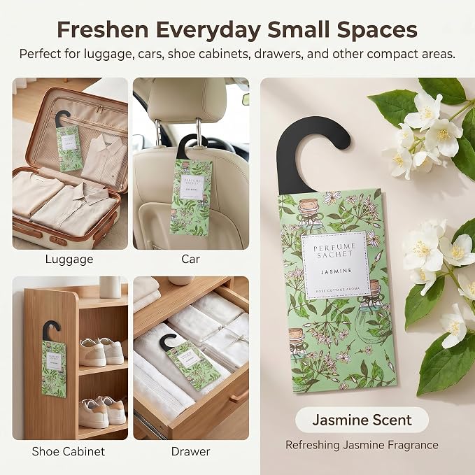 Large 12 Packs Jasmine Hanging Scented Sachets Long-Lasting Closet Deodorizer Air Freshener Fabric Refresher Odor Eliminator for Drawer Home Fragrance Gift Set
