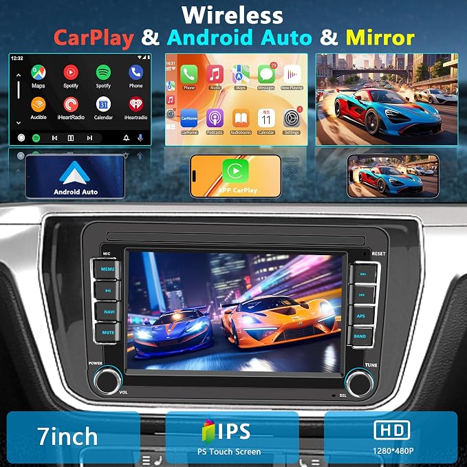 Car Stereo for VW Volkswagen Jetta Golf Passat Beetle Tiguan Polo EOS, 7" Touchscreen Car Radio with Wireless Apple CarPlay & Android Auto,YouTube,GPS, WiFi, Bluetooth, FM,SWC, DSP（with Accessories）