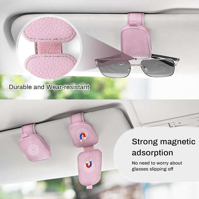 Sunglasses Holder for Car, Leather Magnetic Buckle Sun Visor Sunglass Clip, Ticket Card Storage Glasses Clip, Car Interior Accessories for Men and Women（Pink）