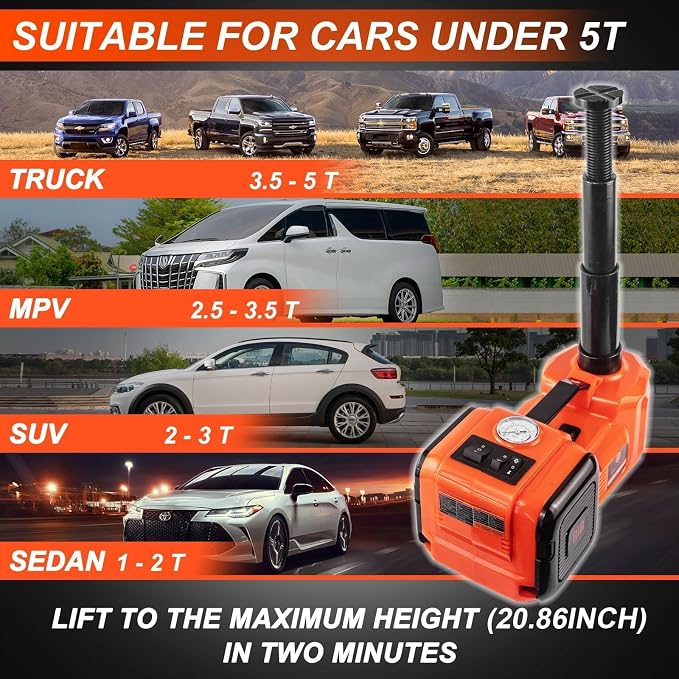 Electric Car Jack Kit 5Ton 12V Hydraulic Car Jack Lift (Lifting Range: 6.1~20.86 inch) with Electric Impact Wrench for SUV MPV Sedan Truck Change Tires Garage Repair