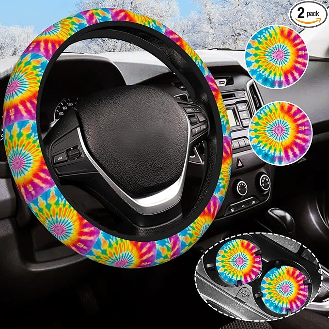 Rainbow Steering Wheel Covers Anti-Slip and Practical 14.5-15 Inch Universal Car Steering Wheel Cover with 2 Pieces Car Coasters Suitable for Men Women