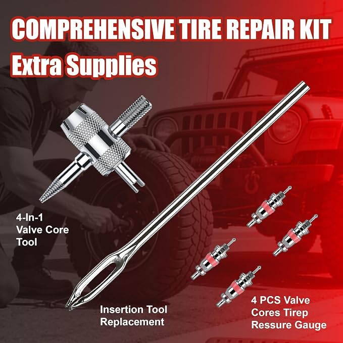 68-Piece All-in-One Heavy Duty Tire Plug Kit – Professional Tire Repair Set, T-Handle Tools, Valve Kit, 40 Plugs, Pliers, Knife – Universal for Car