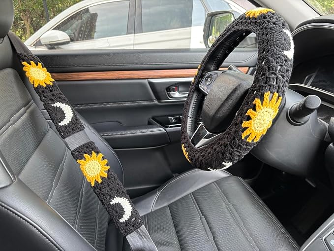 Handmade Crochet Sun Moon Car Steering Wheel Covers Universal 14-15 inch,Cute Steering Wheel Cover,Car Accessories (Black Wheel Cover+2 Belt Cover)