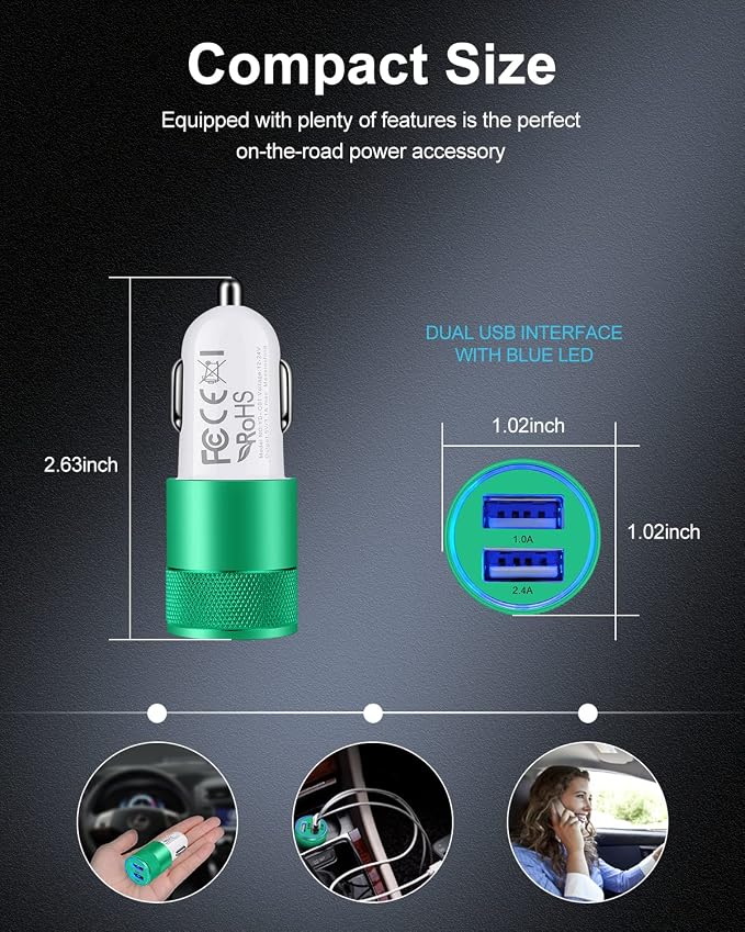 Dual Port Car Phone Charger, [2Pack] 3.4a Fast Charge USB Cargador Carro | Lighter Adapter Cigarette Auto Power Adapter Block for iPhone, Samsung Galaxy, Google Pixel, LG, Motorola, GPS, LED Light Car