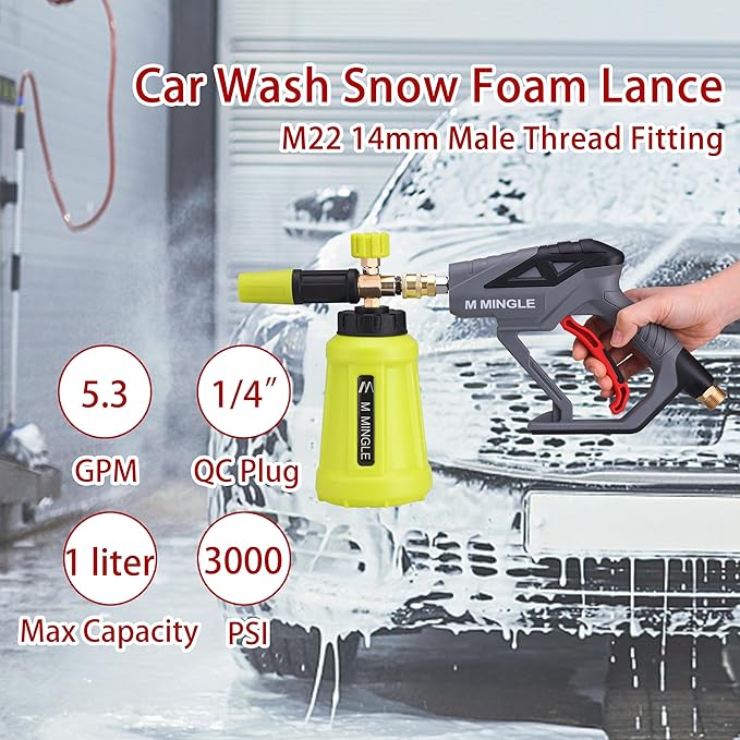 High Pressure Washer Gun Snow Foam Lance, 4000 PSI Cannon Foam Blaster Power Washer with 1/4" Quick Connector, Car Wash Foam Cannon Kit with 5 Pressure Washer Nozzle Tips, 1 Liter