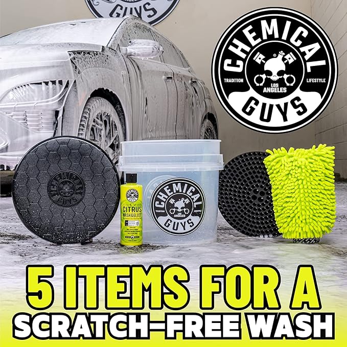 CWS_101BK Car Wash Detailing Bucket, Mitt & Accessories Bundle (6 Items) Featuring Maxi-Suds II Foaming Car Wash Soap, 128 oz (1 Gal), Cherry Scent - Works on Cars, Trucks, SUVs, & More