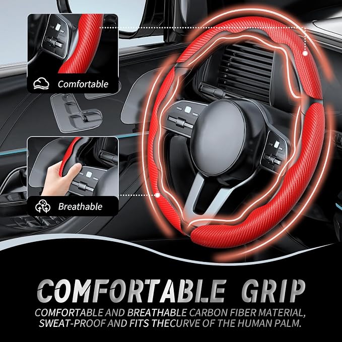3pcs Car Steering Wheel Cover,Anti-Skid Carbon Fiber Steering Wheel Protector for Men Women,Multiple Color Options,Universal for Most Car Interiors Accessories (Red 3PCS)