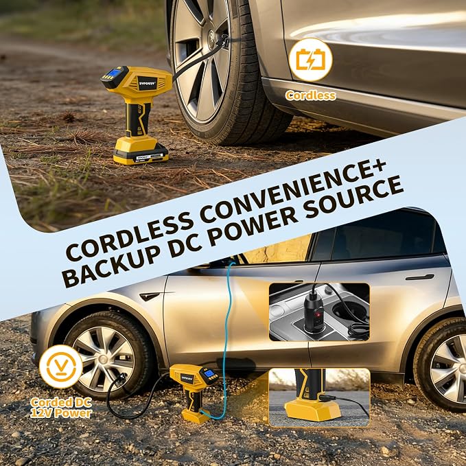 Tire Inflator Portable Air Compressor - 𝟒𝐗 Faster Inflation, 160PSI Cordless Tire Pump with Dual Power Rechargeable Battery & 12V Car power, Auto Shut Off, Digital Gauge for Car, Motorcycle, E-Bike