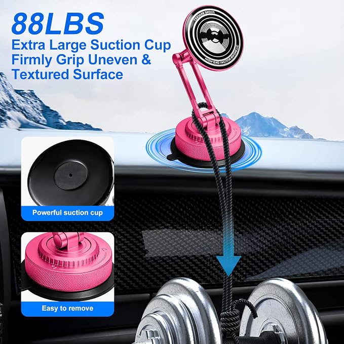 PIEPIE All-Metal Alloy Long Arm Magnetic Suction Cup Car Phone Mount(Pink) | Strong Powerful Magnetic Heavy-Duty Windshield Dash 360° Mechanical Rotation Cell Mobile Phone Vehicle Bracket for All Cars