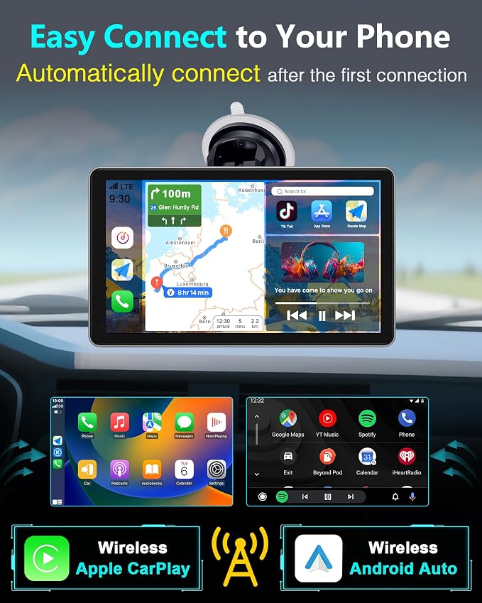 Wireless CarPlay Screen with Backup Camera: Auto Reconnect in Seconds - Maps, Music & Calls Ready for Daily Commute - 7" Touchscreen with 1080P Wired Rear Camera, Modern Upgrade for Older Cars