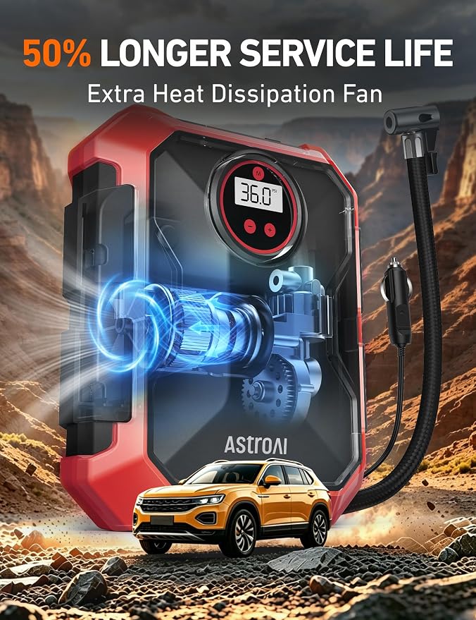 Tire Inflator Portable Air Compressor 12V DC 100PSI, Integrated Storage, Digital Gauge, Auto Shut-Off Fast Inflation LED Light, Air Pump for Car Tires Bike Motorcycle Other Inflatables, Red