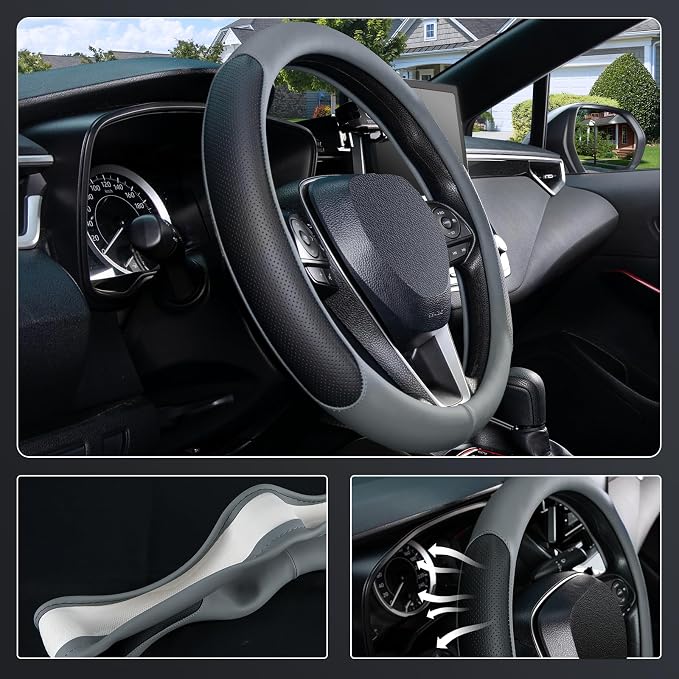 Steering Wheel Cover for 14.5-15 inch Wheels, Breathable PU Leather with Perforated Sides, Anti-Slip Grip, Universal Fit for Cars & SUVs, Black and Gray