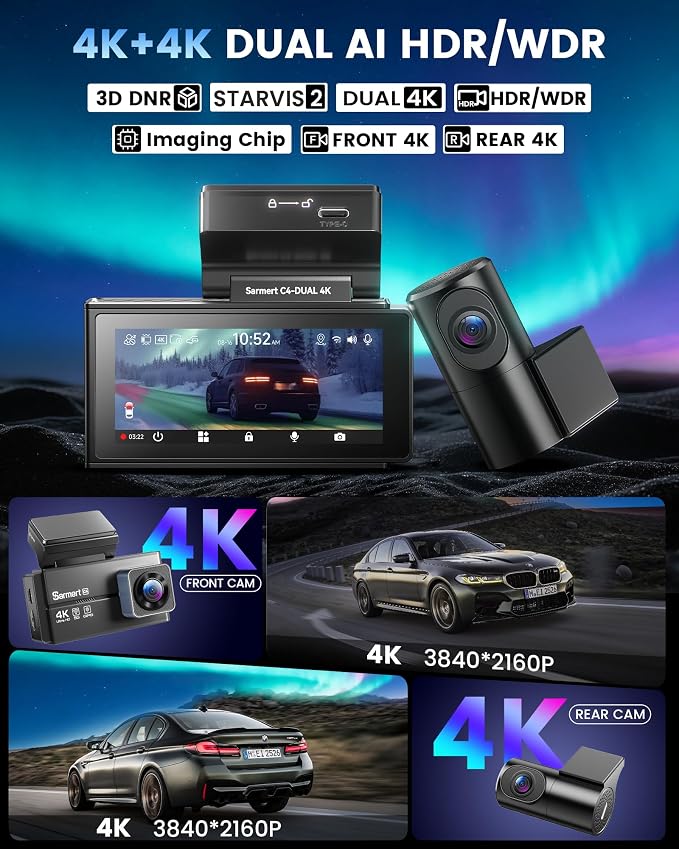Dash Cam Front and Rear - C4 Dual 4K Built-in GPS and 5G WiFi, Free 128GB Card Included, HDR Night Vision, WDR, 4K UHD Dash Camera for Cars, App, 24H Parking Mode