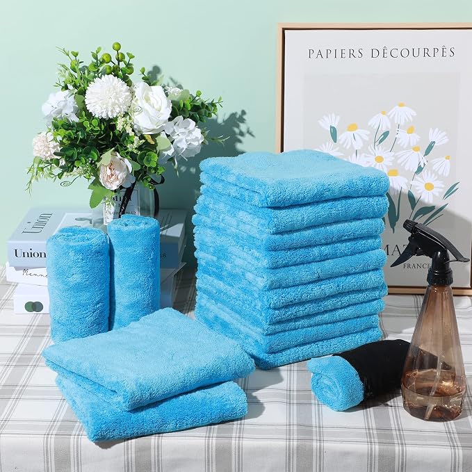 30 Pcs 16 × 16 Inch Microfiber Towels for Cars, 500 GSM Edgeless Plush Car Detailing Towel, Lint Free Scratch Free Cleaning Cloths for Drying, Washing, Polishing, Waxing, Home (Light Blue)