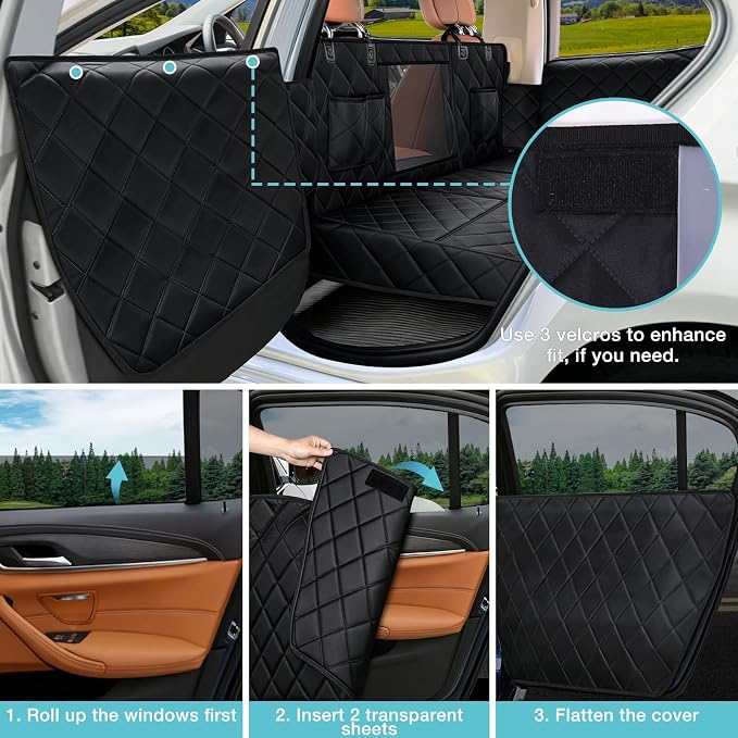 Back Seat Extender for Dogs + 2 Dog Seat Belts, Waterproof Heavy Duty Hard Bottom Car Seat Cover for Dogs with Door Protector Cover & Mesh Window | Dog Hammock for Car Pet Seat Protector for Car/Suv