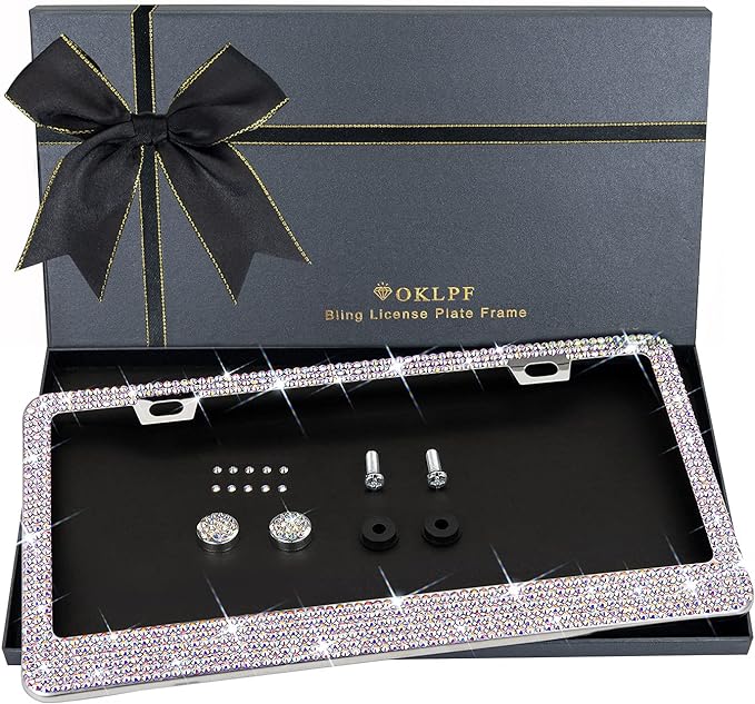 Bling License Plate Frame for Women, 1PCS Sparkly Stainless Steel License Plate Frames| Over 1000 pcs 14 Facets Bedazzled Clear Glass Diamond Rhinestone Crystals w/Free Glitter White Diamond BOX